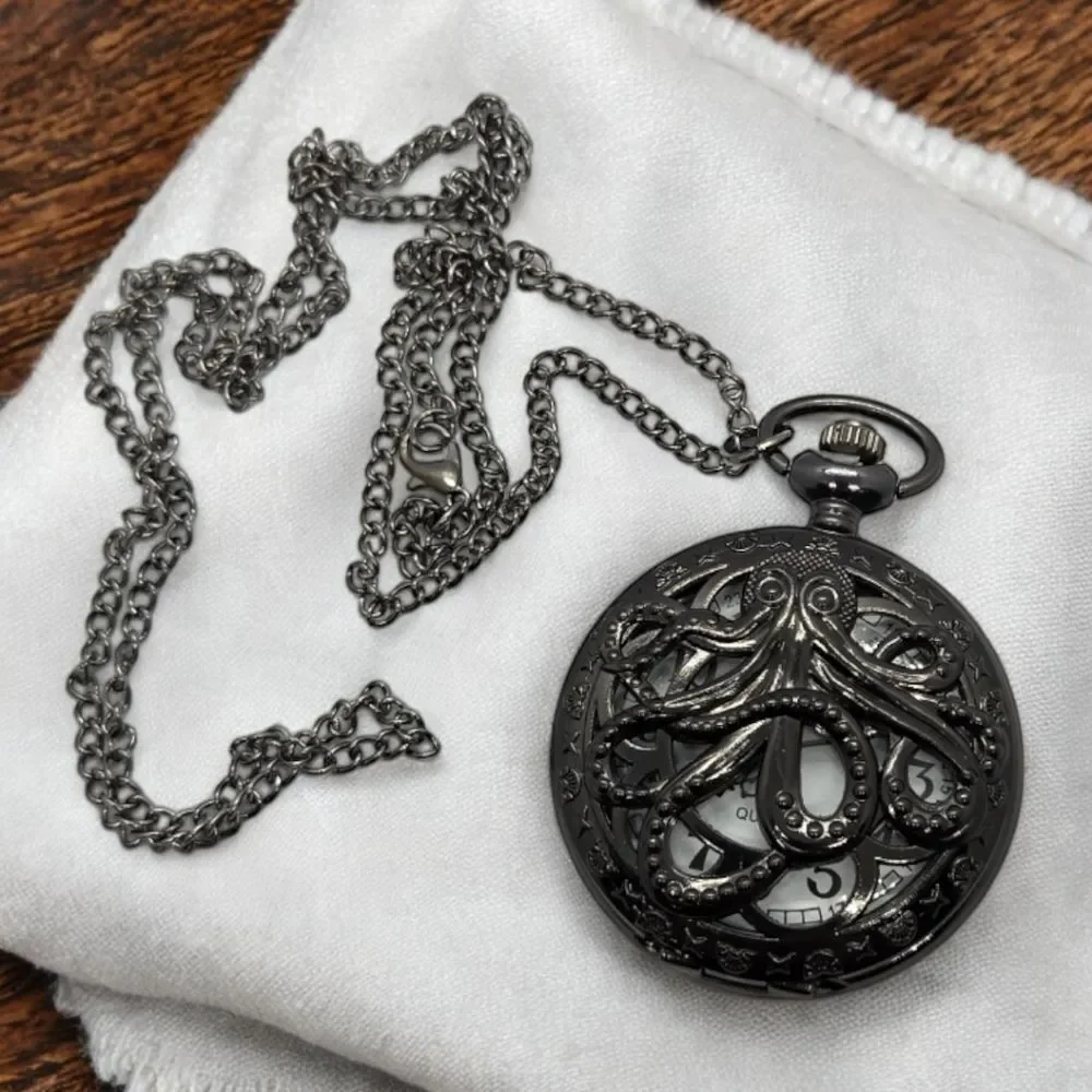 Kraken Octopus Pocket Watch Black Steampunk Pirate Nautical Quartz Chain Vintage